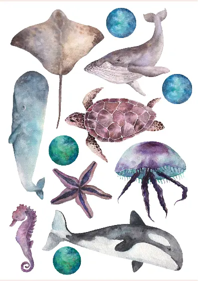 Underwater Creatures Sticker Sheet - Blue and Green Ocean Craft Stickers