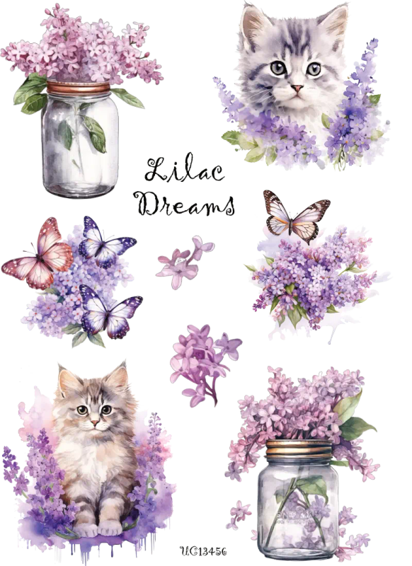 LilacDreams: Spring Watercolor Sticker Sheet with Cats &amp; Pastels