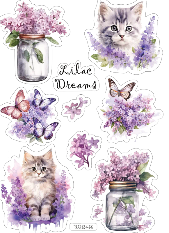 LilacDreams: Spring Watercolor Sticker Sheet with Cats &amp; Pastels