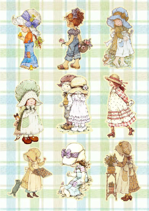 Gingham Girlies  Mint Vintage Sticker Sheet for Crafts