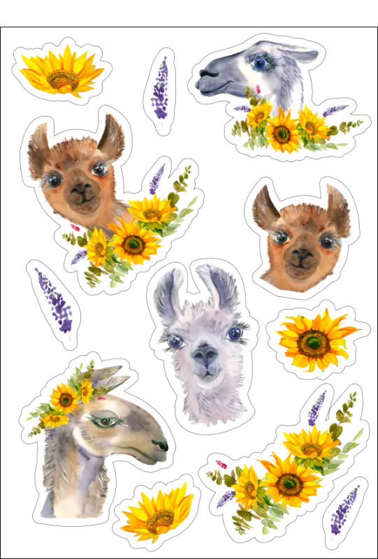 No Prob-Llama Sticker Sheet: Craft Stickers with Lavendar Llama and Sunflower Designs in Yellow