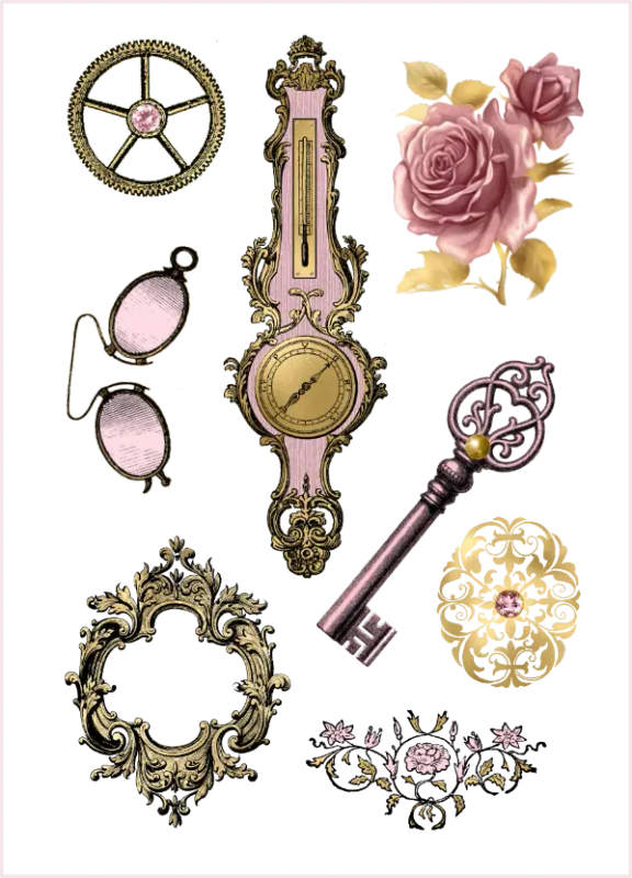 Pink and Gold Steampunk II Sticker Sheet - Vintage Craft Stickers for Journaling and Wacky DIY Pr...