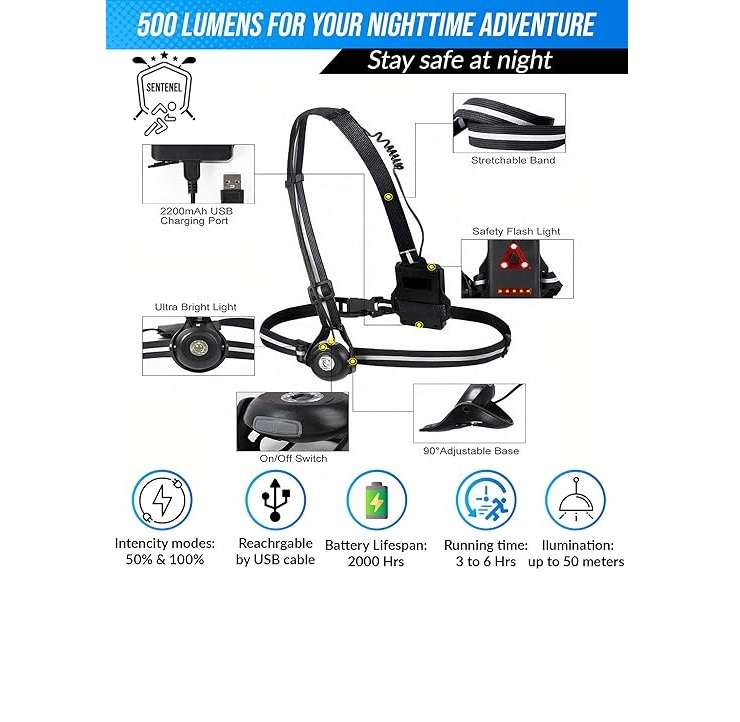 Aerbes AB-TD15 Adjustable Running Chest Strap Light Reflector 500lm Front Light 10W