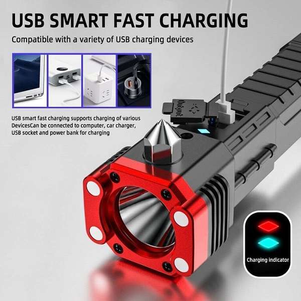 FA-499 USB Charging Super Bright LED Flashlight With Safety Hammer
