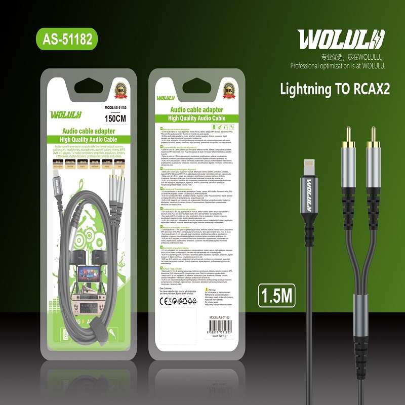 Wolulu AS-51182 Lightning Pin For IOS To Dual Lotus Head 1.5M