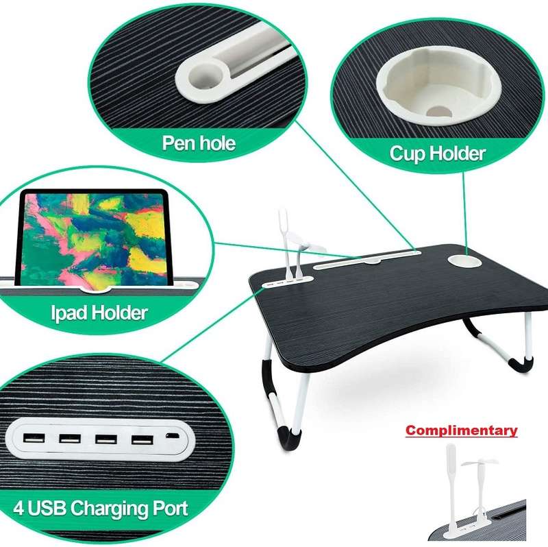 TB002 Foldable Laptop Table with Tablet Holder, Cup Holder, 4 Ports USB Hub