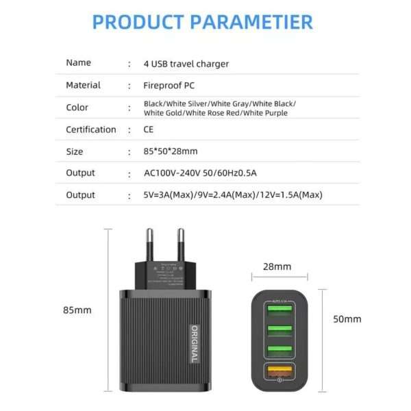 V8 Super E 7A 4 Port USB Charger With Micro USB Cable