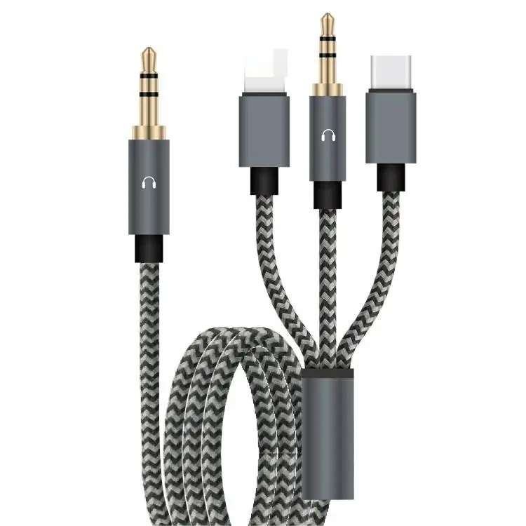 Wolulu AS-51188 Male 3.5mm To Lightning + Type C And 3.5mm Cable 1.2m
