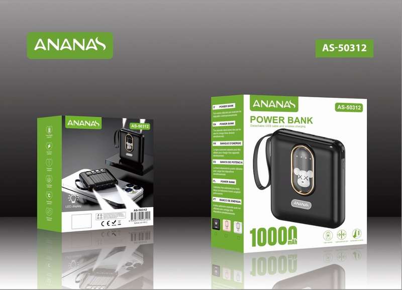 Ananas AS-50312 Power Bank 10000Mah Micro USB Type C &amp; IOS Built-In Cables