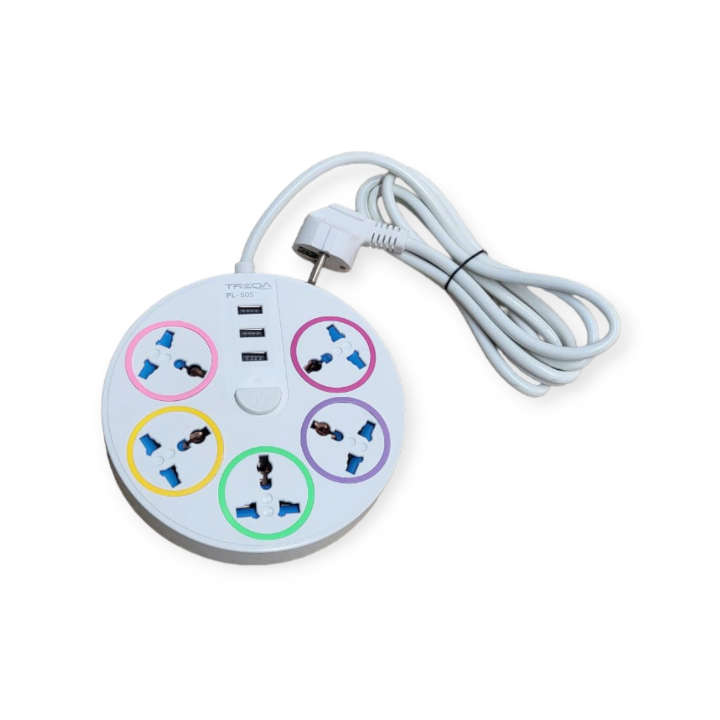 Treqa PL-505  5 Power Sockets + 3 USB Port With 2M Cable