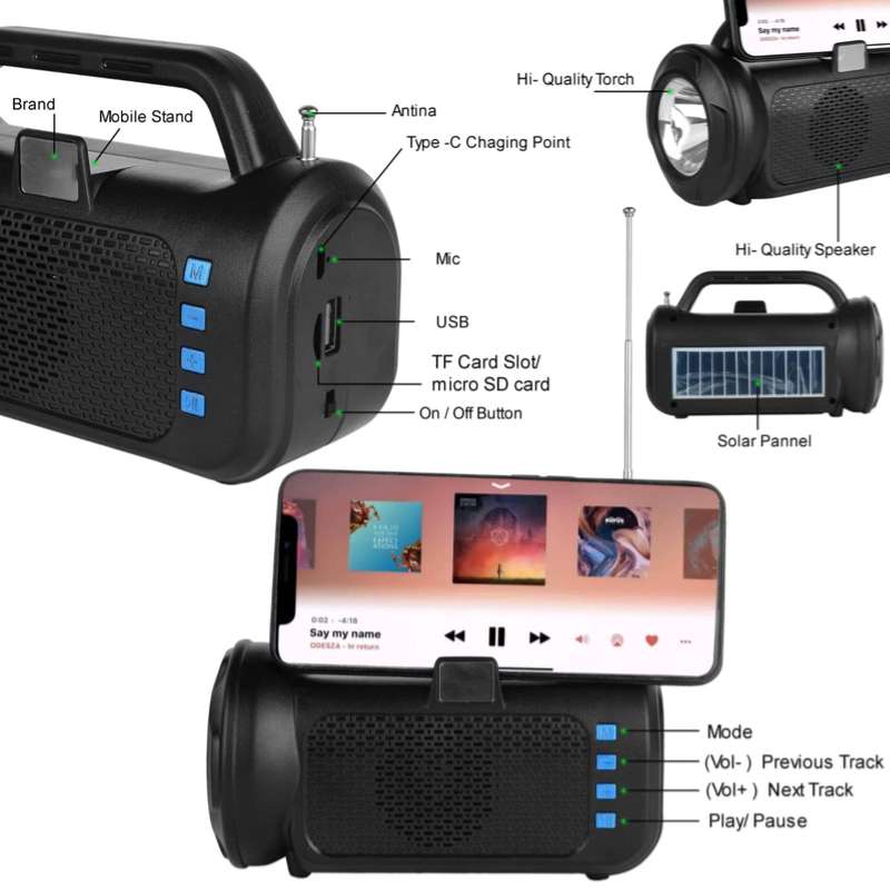 Aerbes AB-SD17 Solar Powered Bluetooth Speaker With Flashlight And Phone Holder