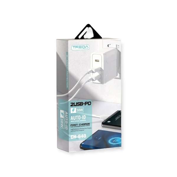 Treqa CH-640 2USB +PD 38W Fast Charger With V8 Cable