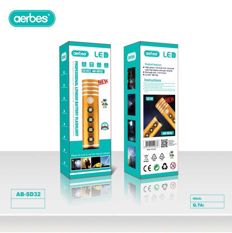 Aerbes AB-SD32 Portable USB Rechargeable Super Bright Flashlight 50W