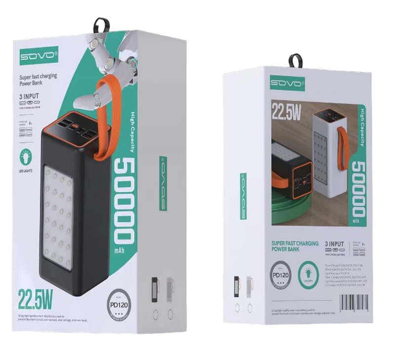 Sovo PD120 Power Bank Fast Charging QC3.0 50000mah With 4 USB Output PD Port + LED Light