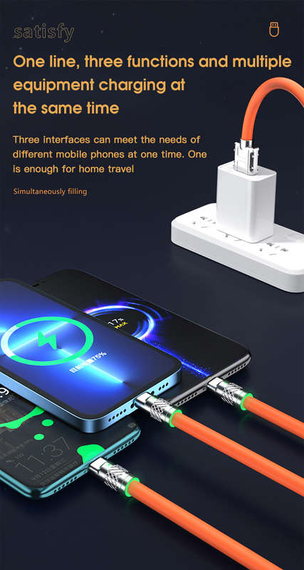 S-219 120W 6A 3 in 1 Silicone Zinc Alloy Cable with Type C, Micro USB &amp; Lightning 1.2m