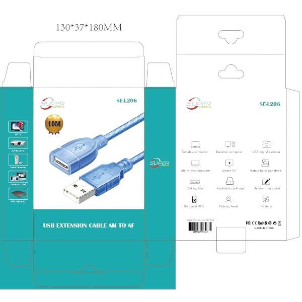 SE-L206 USB2.0 Transparent Blue Male To Female Extension Cable 10M