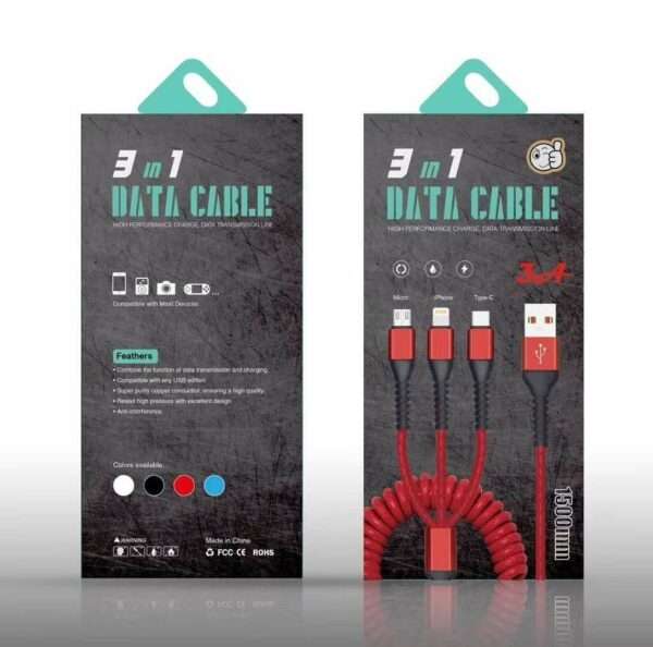 1.5M USB Type C  Lightning  Micro 3 in 1 Charging Coiled Spring Cable 3A