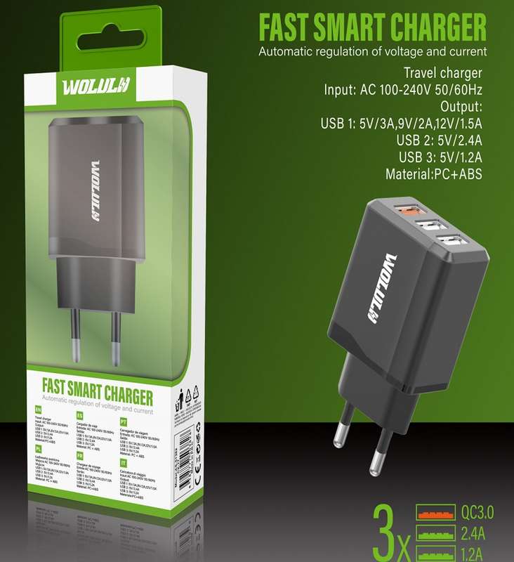 Wolulu AS-51382 QC3.0 + 2.4A + 1.2A Fast Wall Charger With 3 USB Port