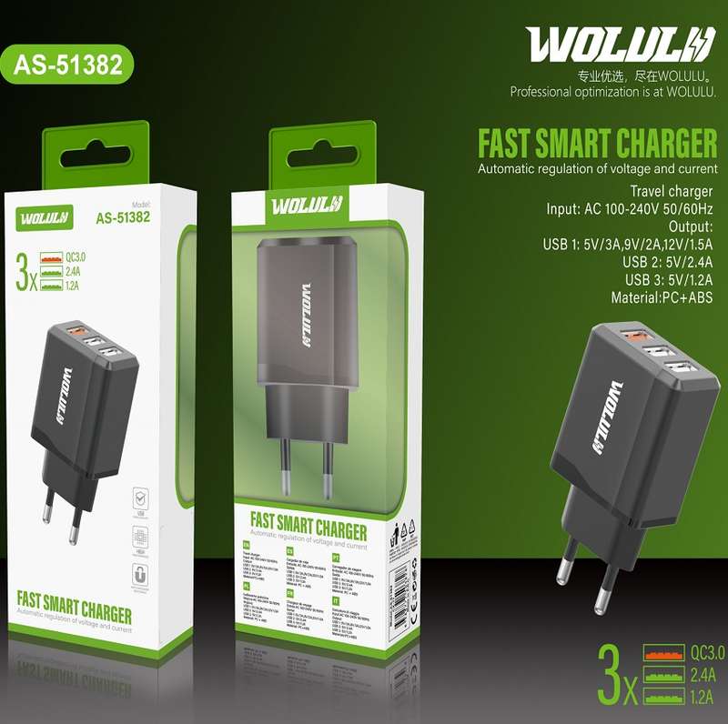 Wolulu AS-51382 QC3.0 + 2.4A + 1.2A Fast Wall Charger With 3 USB Port