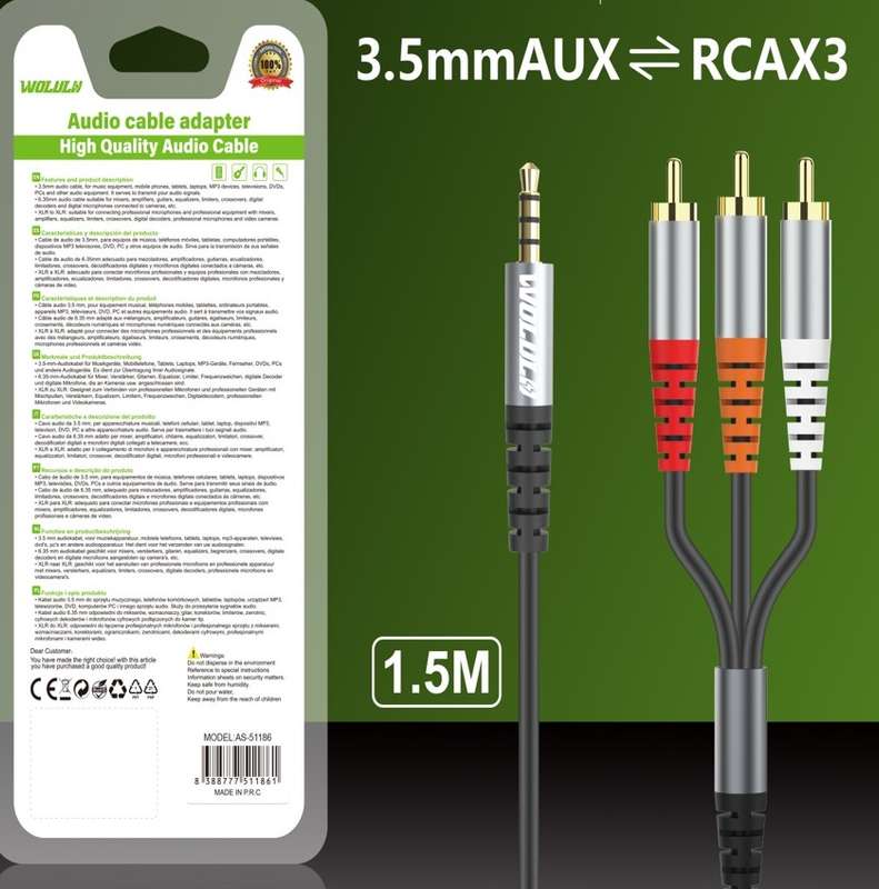Wolulu AS-51186 Male 3.5mm To 3 Lotus Head Cable 1.5m