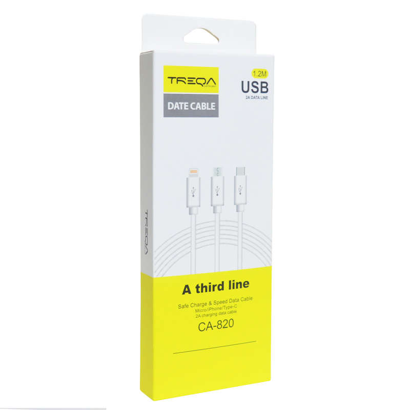 Treqa CA-820 Data &amp; Charging Cable 3 in 1 Lightning Pin, V8 And Type C 2A