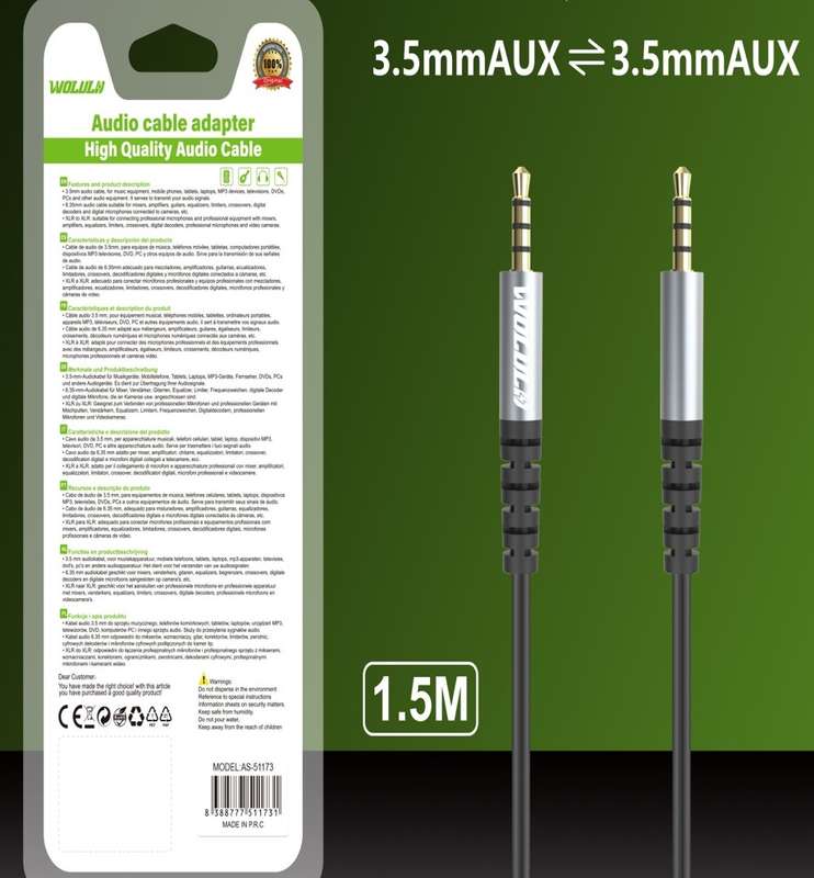 Wolulu AS-51173 Male 3.5mm To Male 3.5mm Aux Cable 1.5M