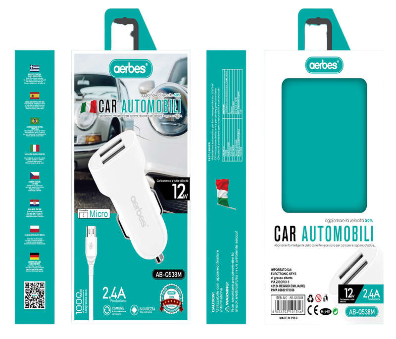 Aerbes AB-Q538M Car Charger With 2 USB Port And 1M Lightning Cable 2.4V 12W