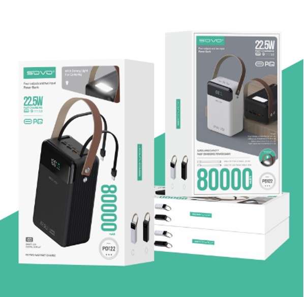 Sovo PD122 Fast Charging Power Bank  QC3.0 80000mah With PD Port + LED Light