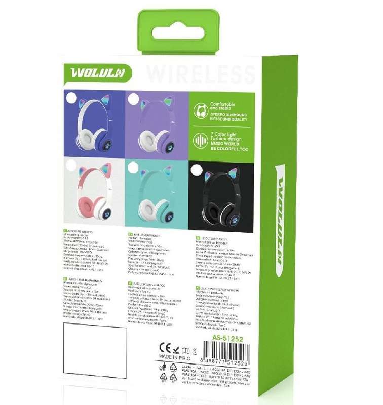 Wolulu AS-51252 Bluetooth V5.0 RGB LED Cat Ear Headphone