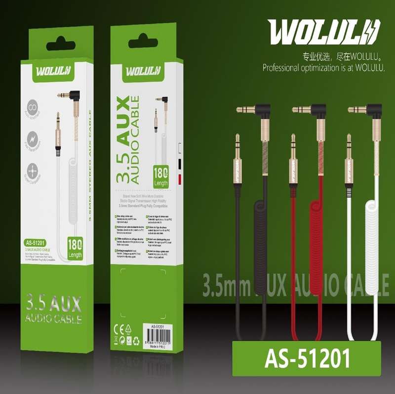 Wolulu AS-51201 90° Angle 3.5mm Spring Auxiliary Cable 1.8m