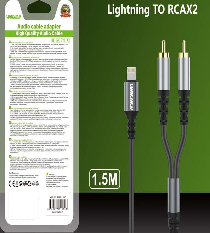Wolulu AS-51182 Lightning Pin For IOS To Dual Lotus Head 1.5M