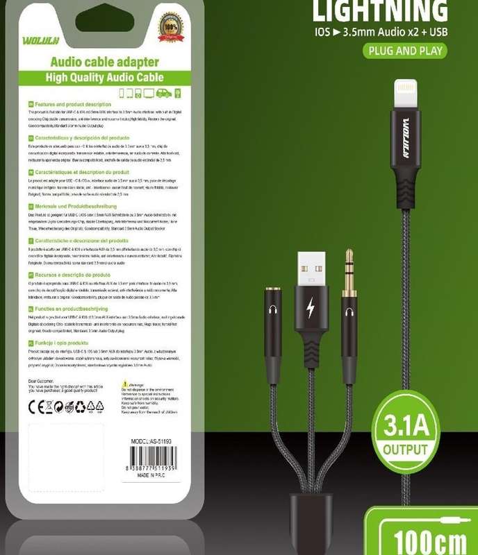 Wolulu AS-51193 Lightning Pin to 3.5mm Male And Female + Male USB