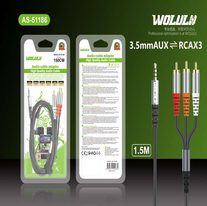 Wolulu AS-51186 Male 3.5mm To 3 Lotus Head Cable 1.5m