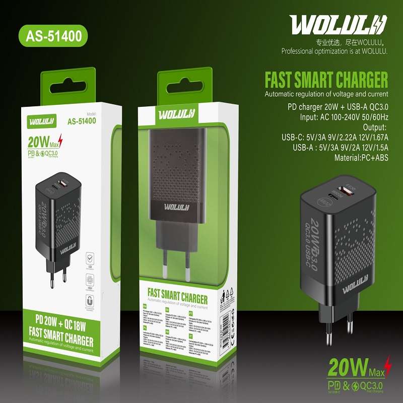 Wolulu AS-51400 PD 20W+ QC3.0 USB Fast Smart Wall Charger 18W