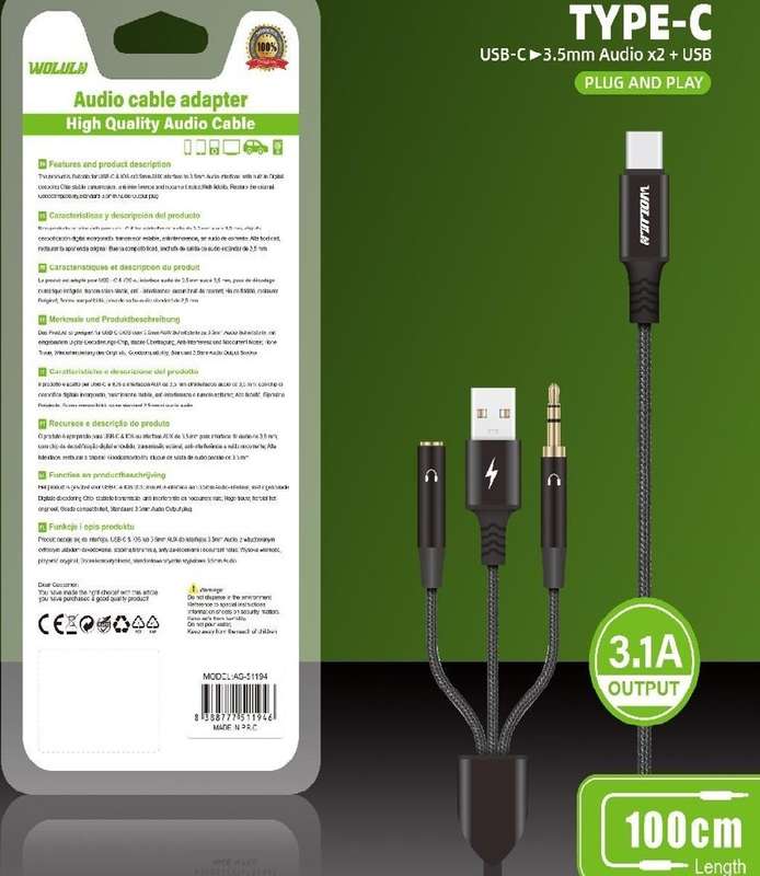 Wolulu AS-51194 Type C To 3.5mm Male And Female + Male USB