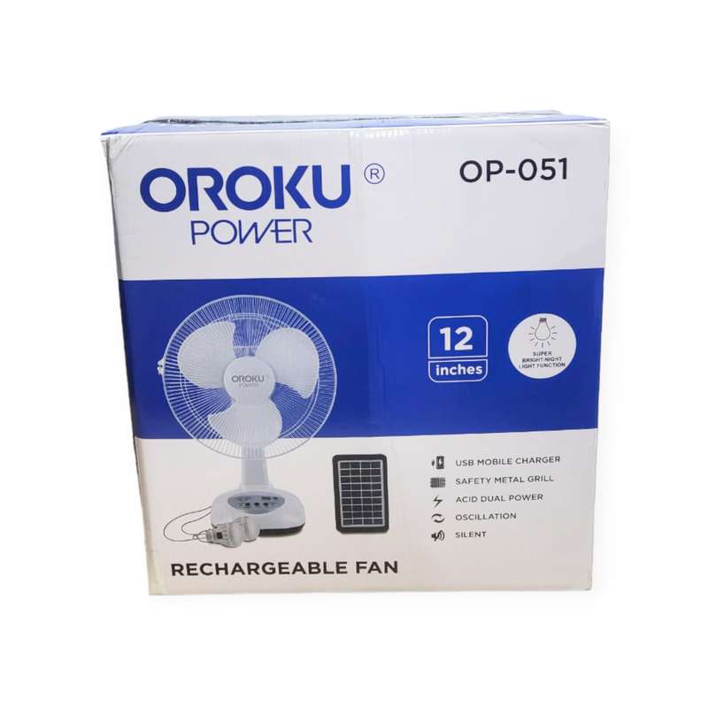 Oroku Power OP-051 Rechargeable Oscillating 2 Speed Solar Powered Fan with USB Port 12"