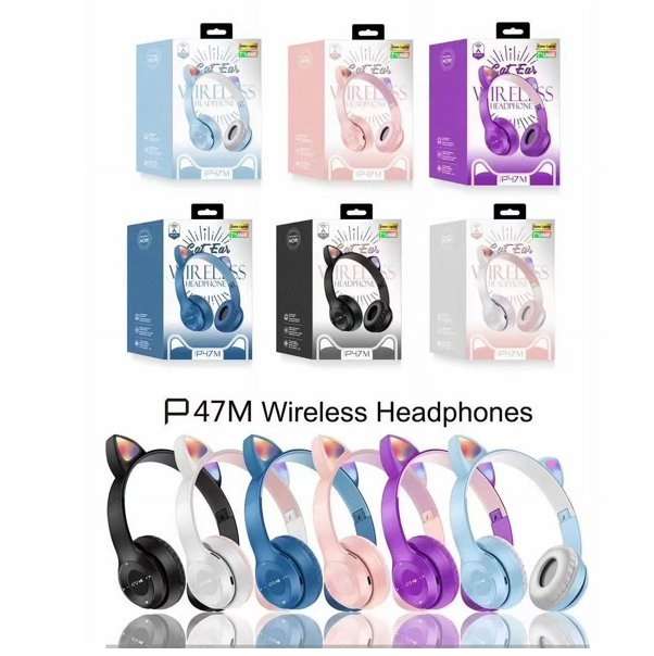 P47M Cat Ears Bluetooth Headphones Wireless LED RGB Light Up