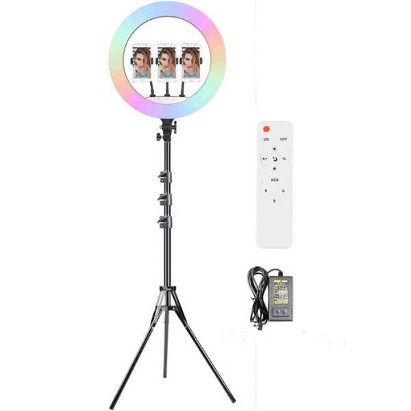 MJ45 18" RGB And White Ring Light with 2.1m Stand, 3 Cellphone Holder