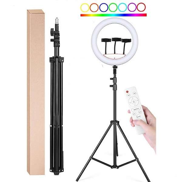MJ56 22" RGB And White Ring Light with 2.1m Stand, 3 Cellphone Holder
