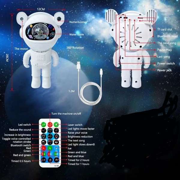 Wolulu AS-51524 360 Degree Astronaut Projector 12 Mode Light with Micro SD Card Slot Bluetooth Sp...