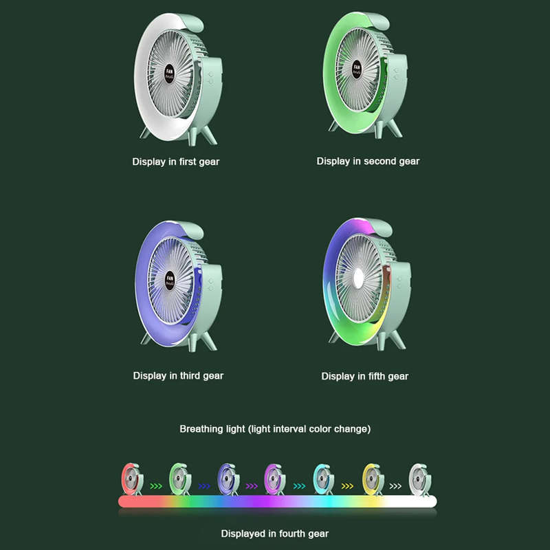 PM-095 Rechargeable Desktop Fan With Colorful Night Light 180 Degree Rotation