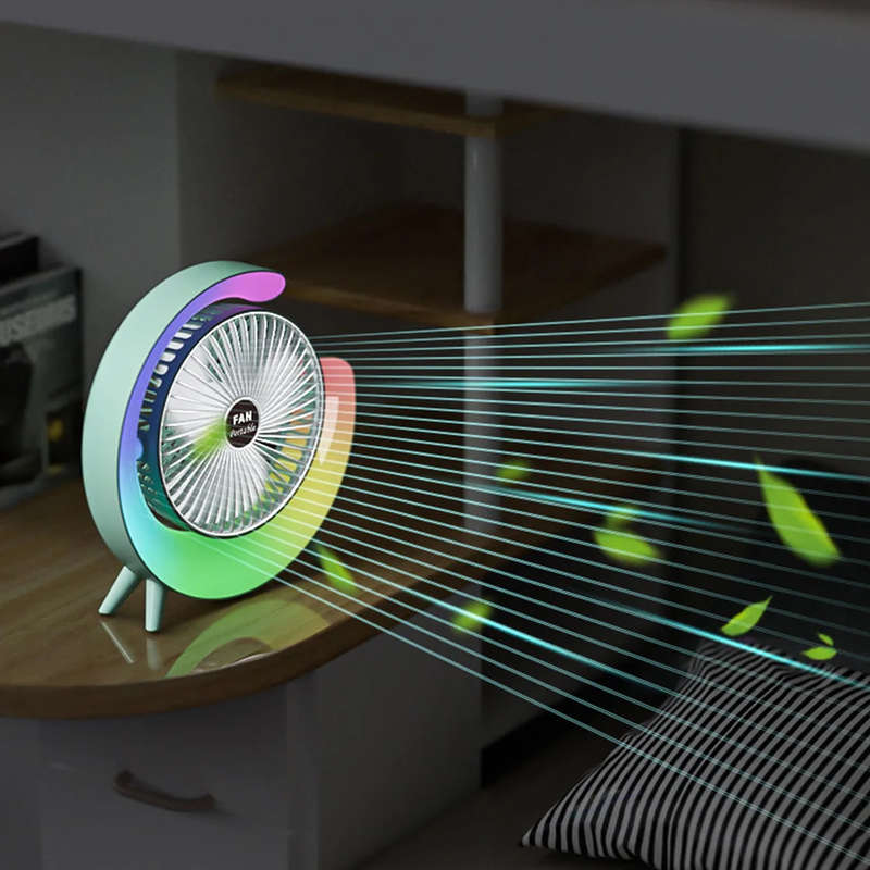 PM-095 Rechargeable Desktop Fan With Colorful Night Light 180 Degree Rotation