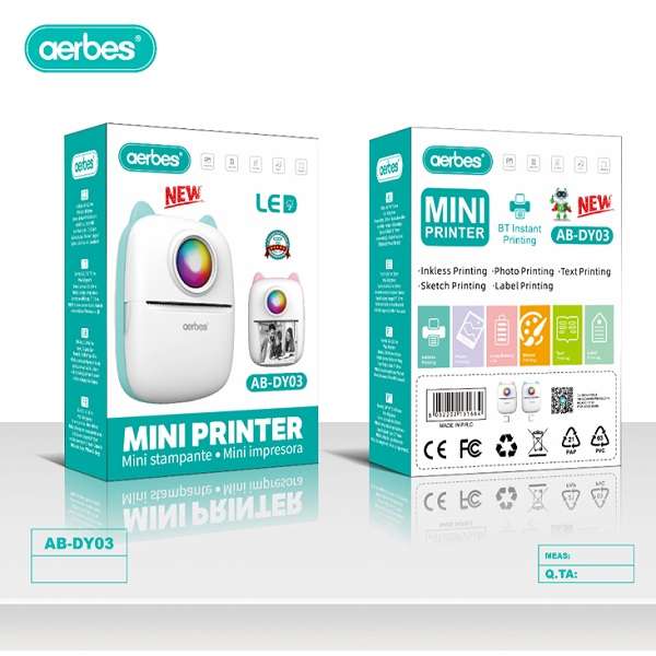 Aerbes AB-DY03 Mini Bluetooth Inkless Photo, Text, Sketch, Label Printer