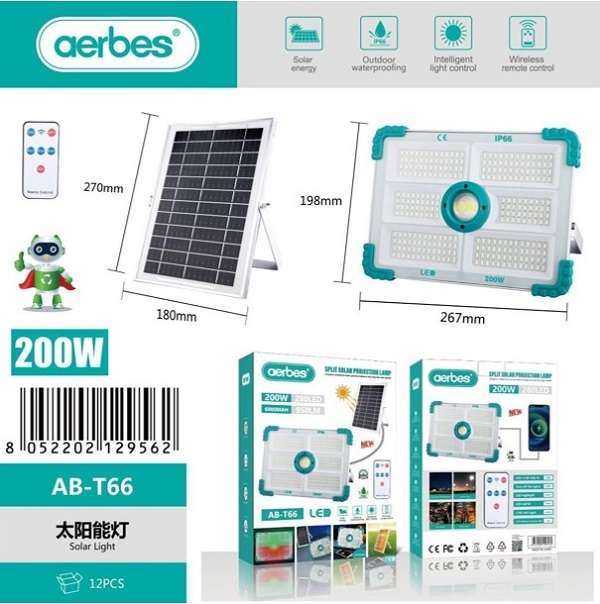 Aerbes AB-T66 200W 280LED Split Solar Powered LED Light With Remote Control 6000mah Battery And 9...