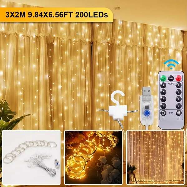 Aerbes AB-CL01-1-Warm White 3x2M Copper Wire Fairy Curtain Light With Remote Control