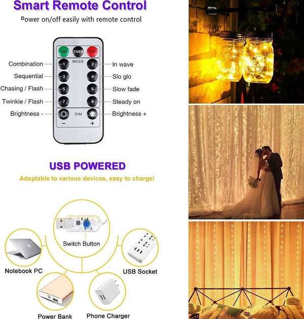 Aerbes AB-CL01-1-Warm White 3x2M Copper Wire Fairy Curtain Light With Remote Control