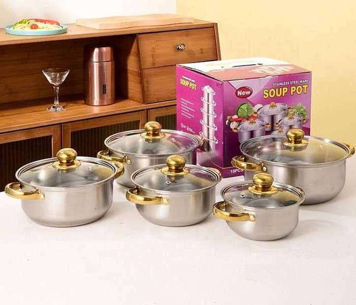 10 Piece Stainless Steel Pot Set With Gold Handle