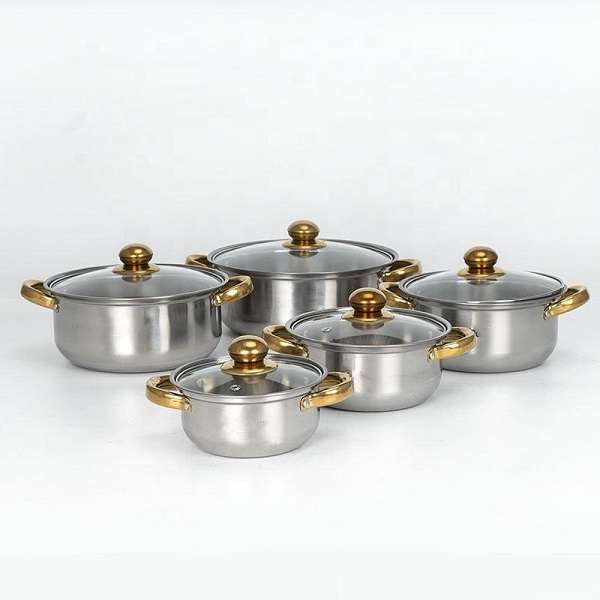 10 Piece Stainless Steel Pot Set With Gold Handle