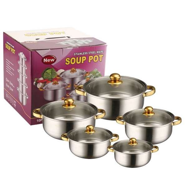 10 Piece Stainless Steel Pot Set With Gold Handle
