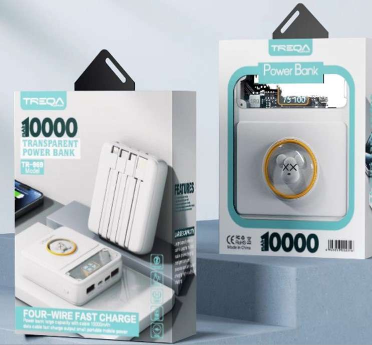 Treqa TR-969 10000Mah Transparent Power Bank with USB Cables Attached